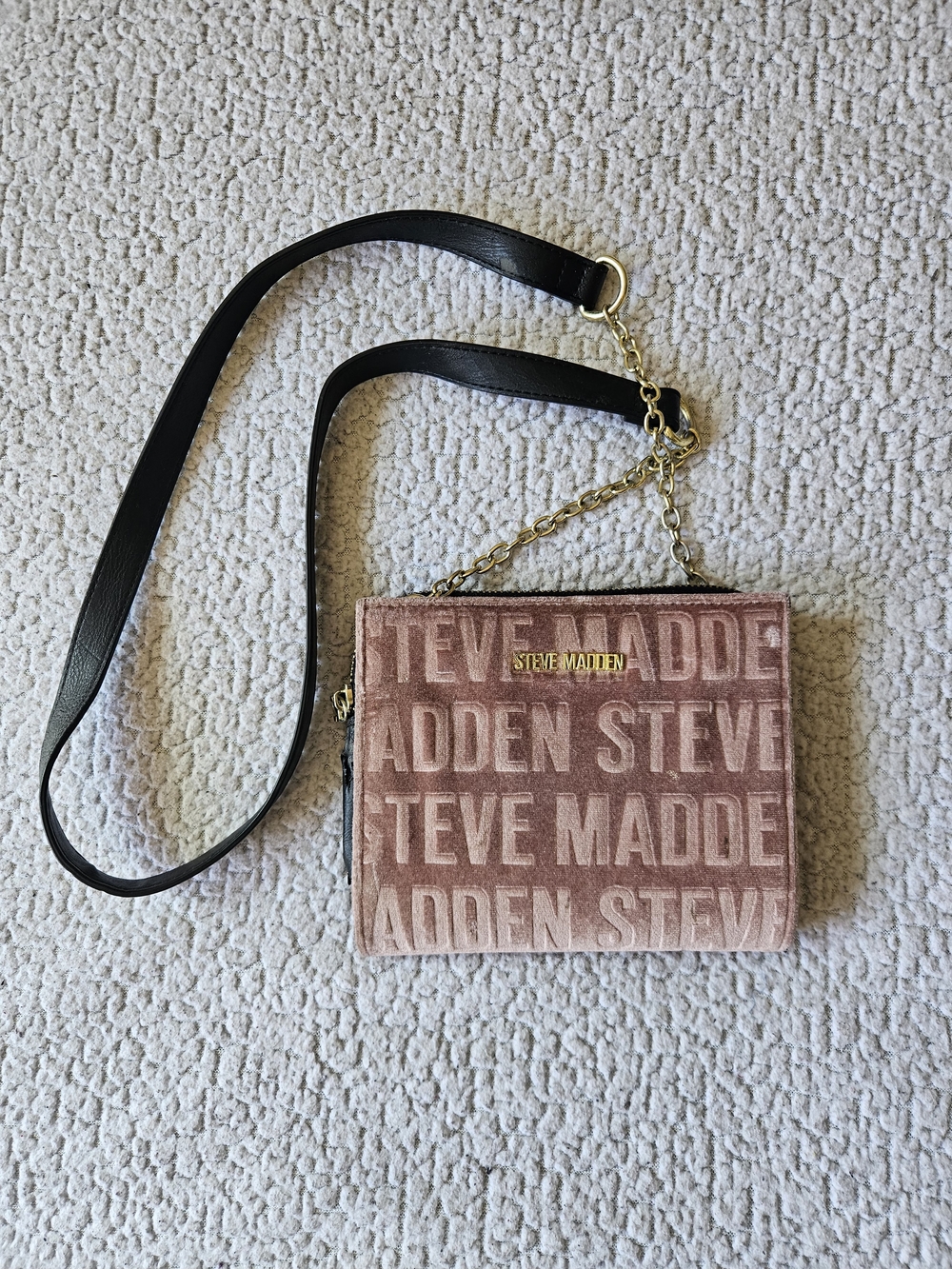 Steve Madden Blush Velvet Logo Crossbody with Black Strap